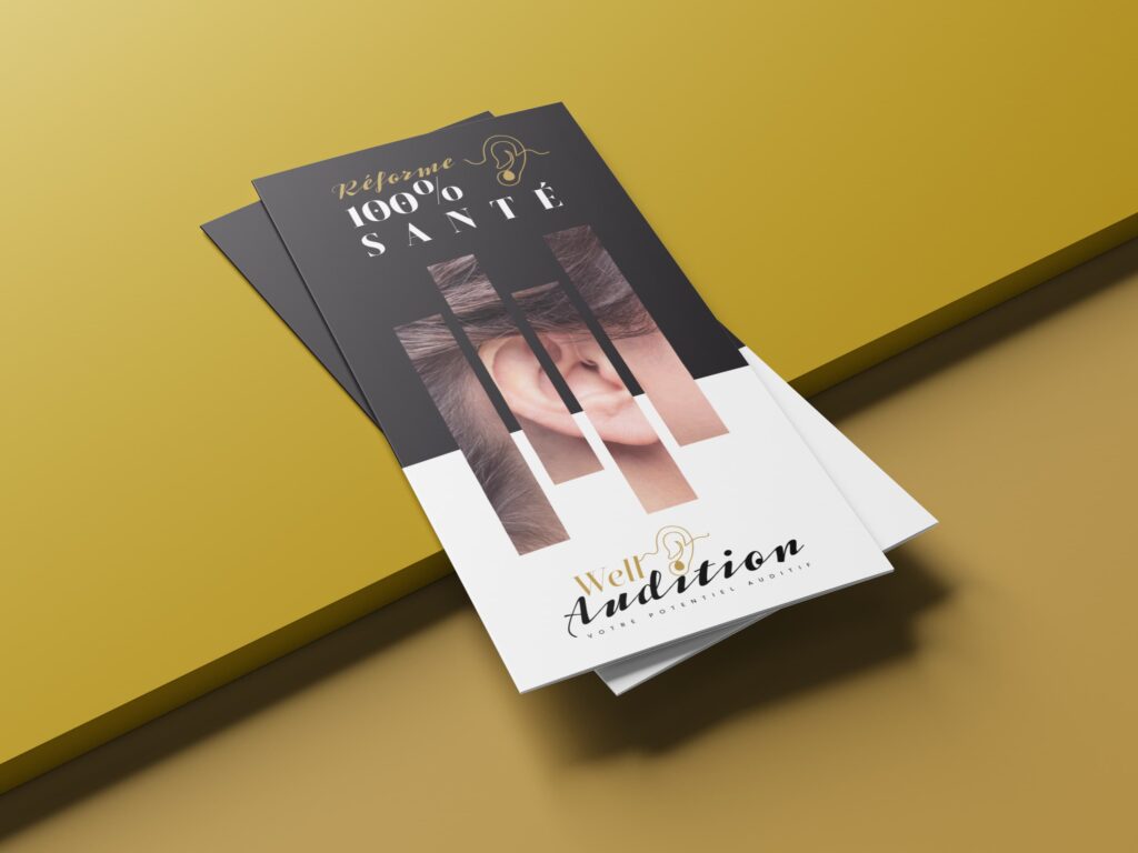 Identité visuelle et supports imprimés pour Fréquence Audition 2 Dépliant Fréquence Audition conçu et imprimé par JLS Studio