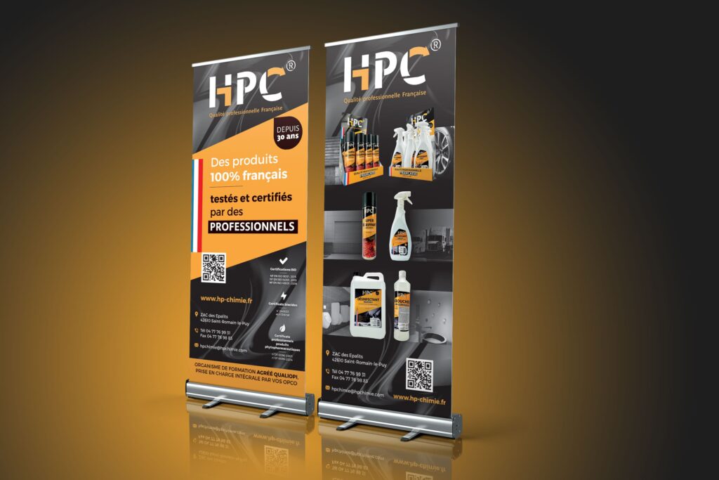 Packaging et catalogue produits d'entretien pour HPC 4 Rollup HPC imprimé par JLS Studio, agence de communication dans la Loire